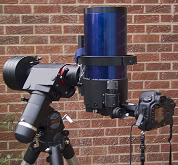 Canon EOS 5D looking into eyepiece of Meade ETX125 on HEQ5 mount