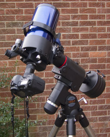 Canon EOS 5D at prime focus of Meade ETX125 on HEQ5 mount